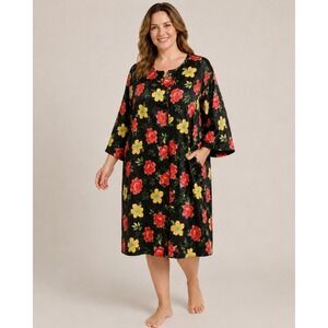 Simply Basic Floral Kimono Robe Duster Black Red Yellow Button Front